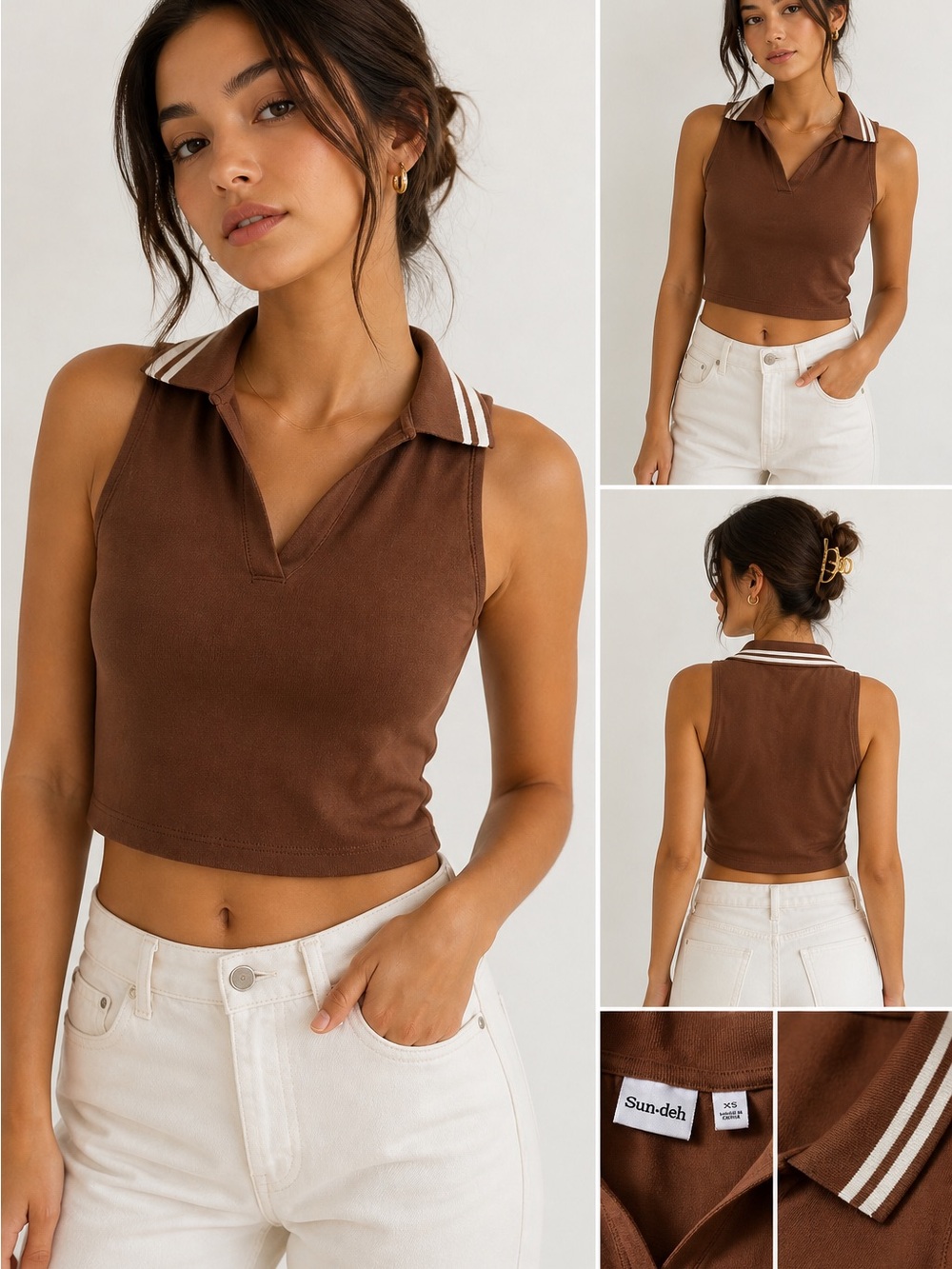 Sun-deh Brown Cropped Polo Tank with Striped Collar